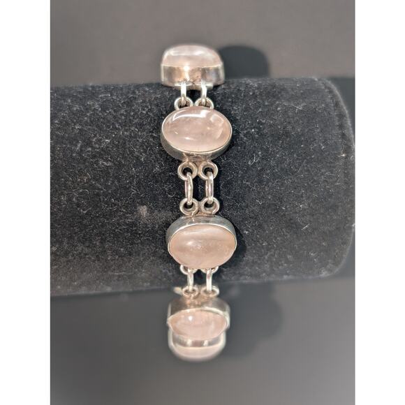 Vintage 925 Sterling Silver Rose Quartz Toggle Clasp Bracelet - Picture 6 of 12